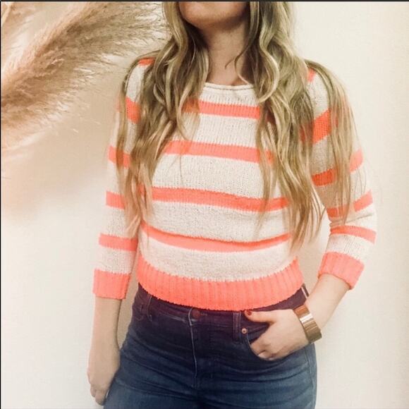 J Crew Neon Pink Orange Twist Stitch Open Neck Pullover Cream Stripe Sweater XS - Picture 2 of 7